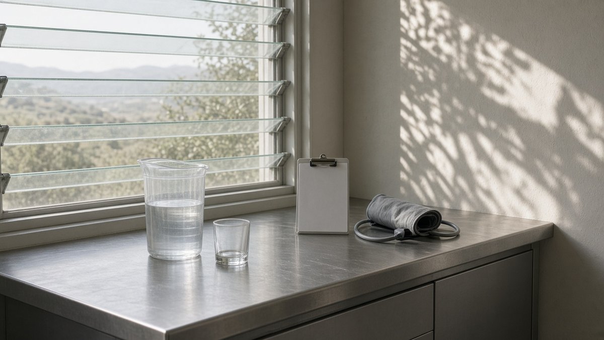 Stainless intake counter with a water pitcher, empty tumbler, blank clipboard, and a rolled cuff under jalousie light
