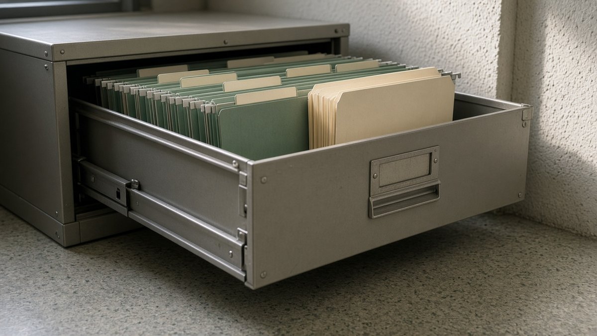 Open steel county drawer of sage hanging files with one cream sleeve on speckled linoleum
