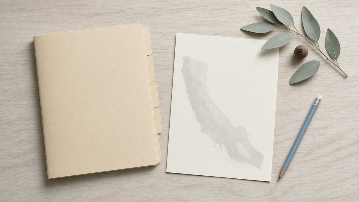 Cream DHCS folder beside a watercolor California outline, eucalyptus sprig, and a blue pencil on pale wood