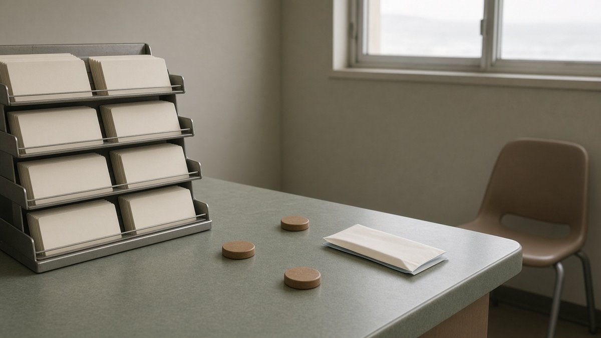 Sage Formica counter with a blank card rack, wooden tokens, a transit sleeve, and an empty chair by a fog window