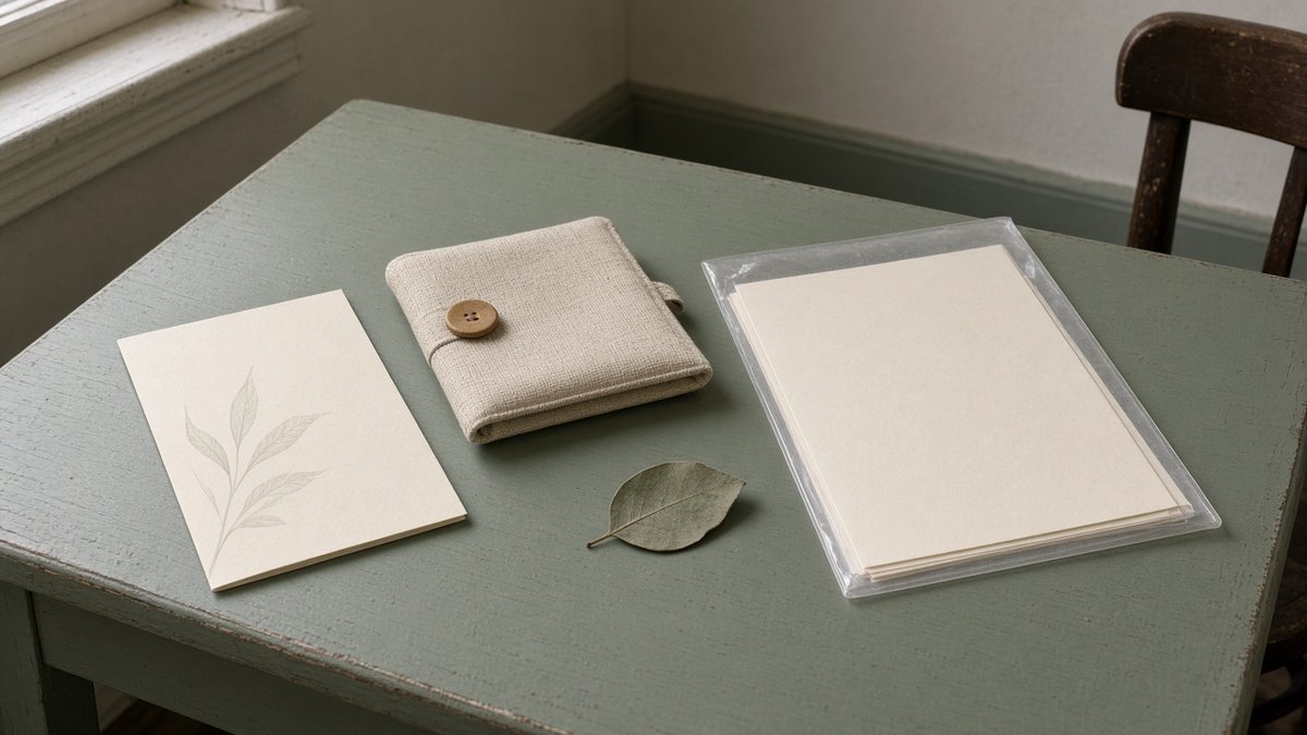 Sage desk with a blank botanical pamphlet, linen check wallet, dried leaf, and a plastic sleeve of cream sheets